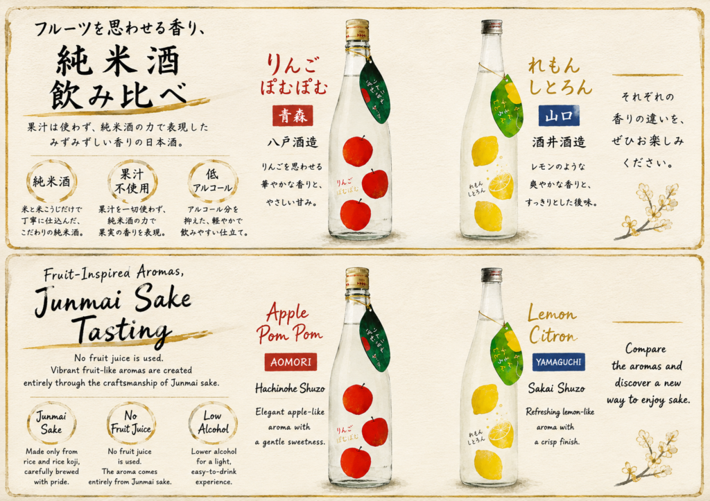 【目黒店】果実のような純米酒を飲み比べ！りんご香る日本酒とレモンを感じる日本酒、あなたはどっち？