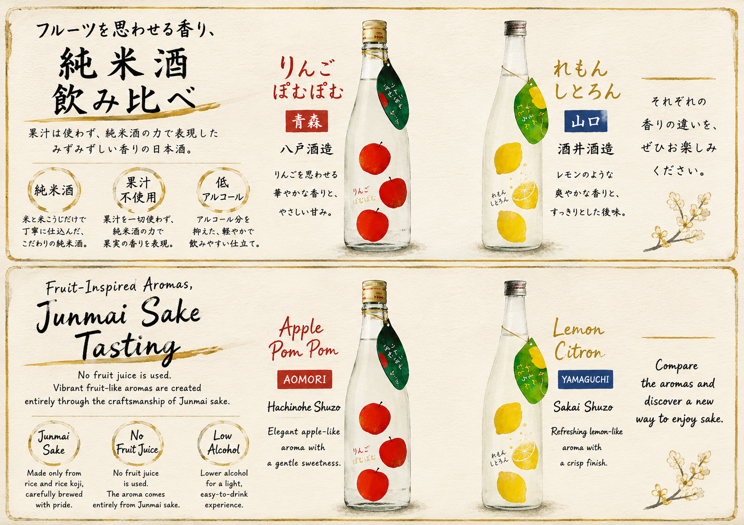 【目黒店】果実のような純米酒を飲み比べ！りんご香る日本酒とレモンを感じる日本酒、あなたはどっち？
