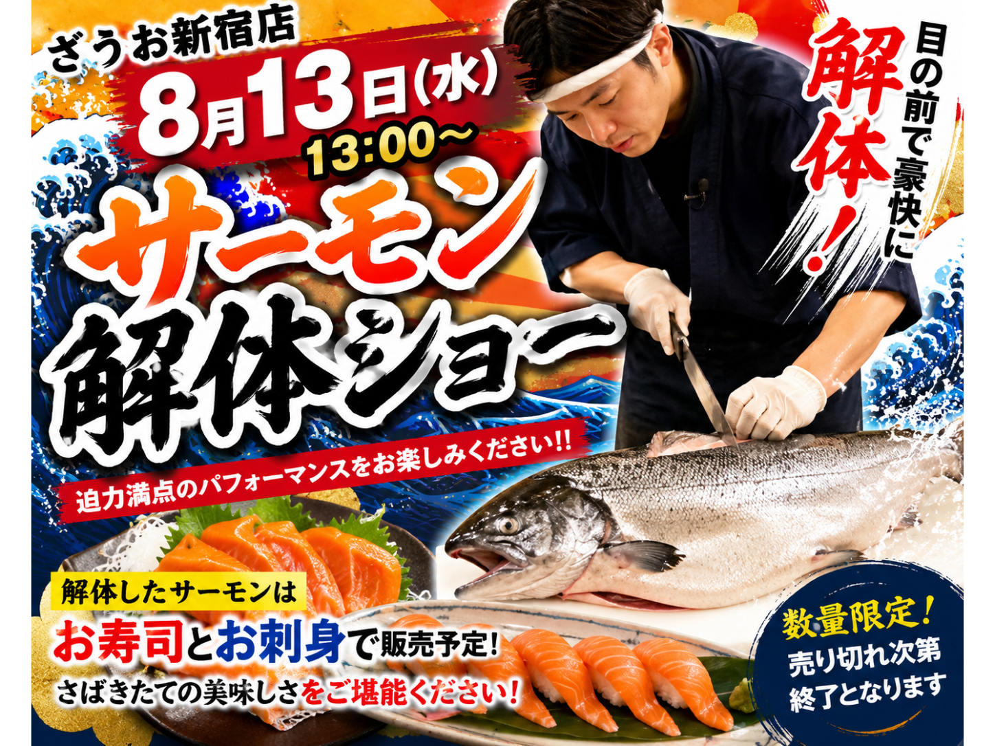 【新宿店】8月13日開催！大迫力サーモン解体ショー＆こども縁日開催♪｜2026ざうお夏休み企画