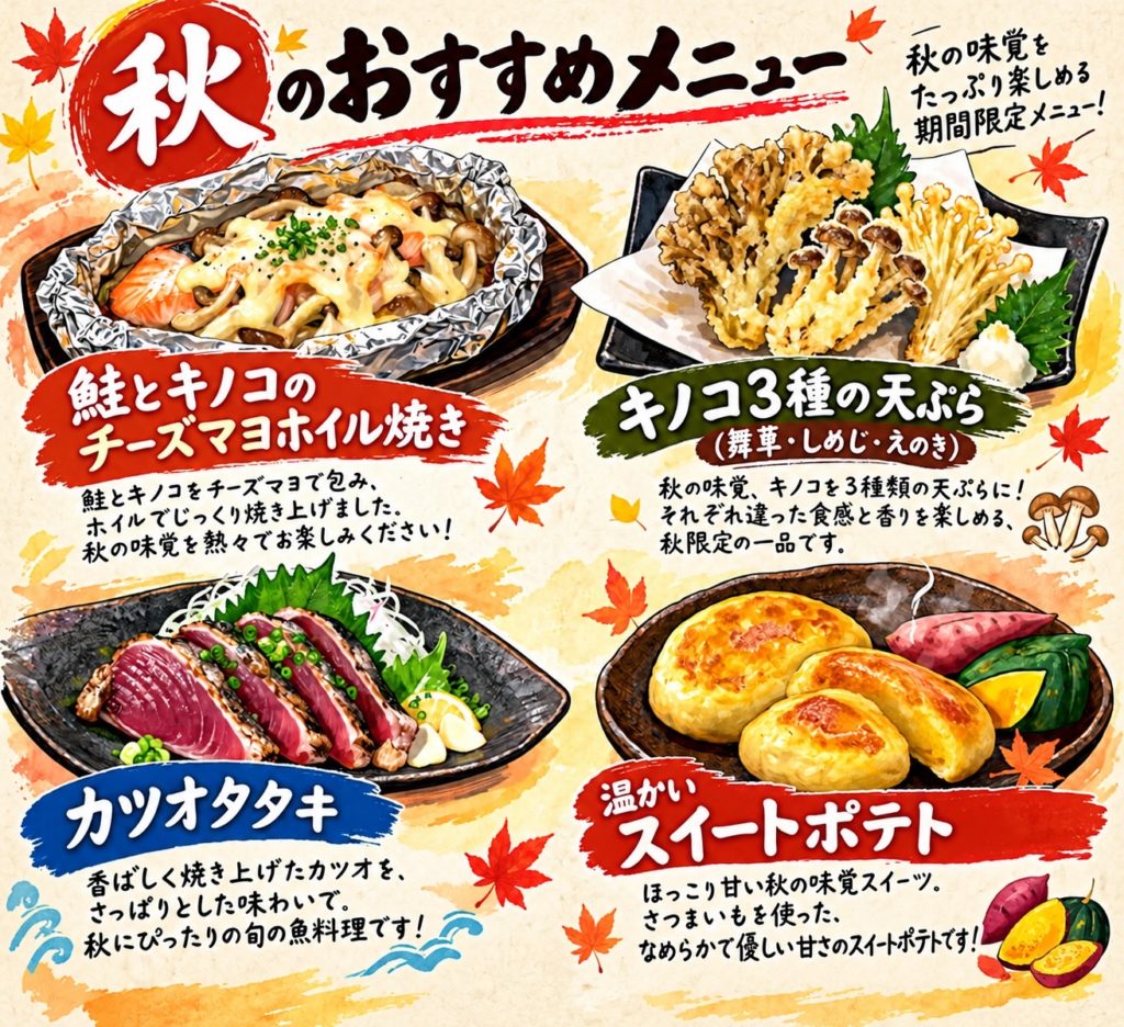 【所沢店】秋の限定メニュー！魚釣りと一緒に楽しむ秋のおすすめ料理紹介🍁